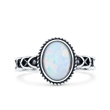 Weave Celtic Vintage Style Lab Opal Ring Solid Oval Oxidized Lab Created White Opal 925 Sterling Silver